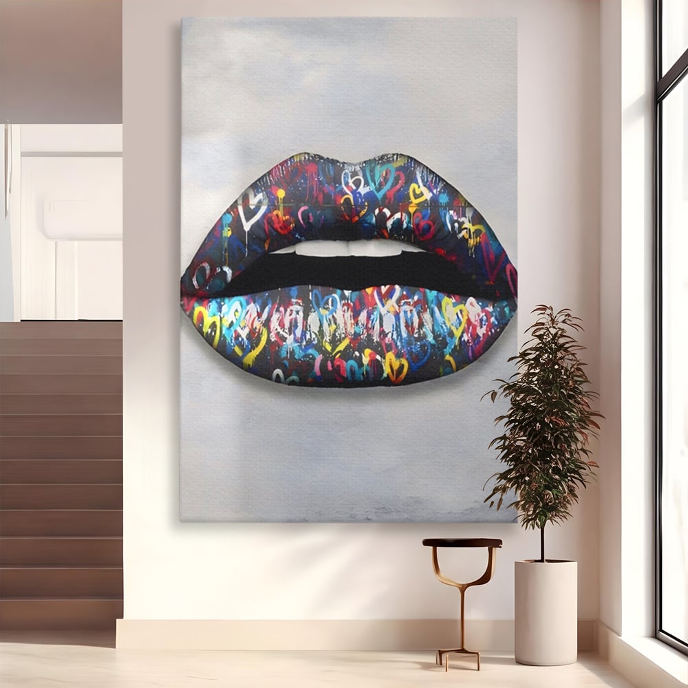 Tablou canvas cu tablou canvas cu buze negre, fara rama, pe sasiu de lemn